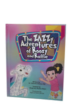 A children's book titled 'The ZAZZy Adventures of Roozy and Raffie' with an illustration of a cartoon giraffe and a character resembling a young girl on the cover.