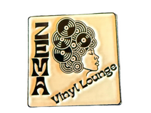 A square metal pin featuring the black ZEMA logo and 'Vinyl Lounge' text over a white-colored enamel background, with a black vinyl record graphic.